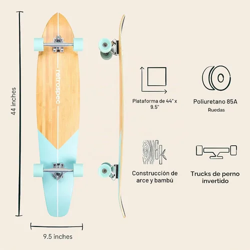 Vista 2 de Retrospec Zed Pintail & Cruiser Longboard Patineta para Adultos - Tabla de 112 cm de bambú y arce canadiense con rodamientos ABEC-7, ruedas