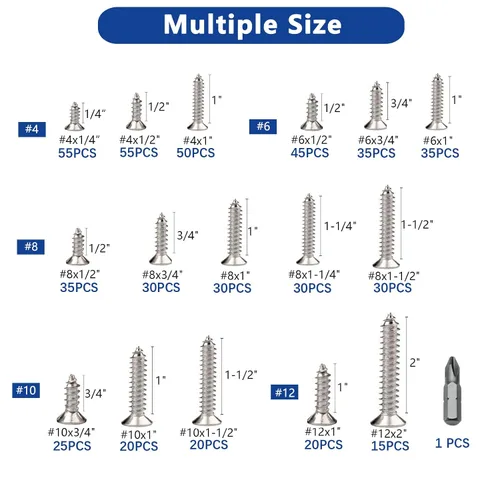 Vista 2 de 530Pcs Juego de tornillos de acero inoxidable para madera #4#6#8#10#12 con cabeza Phillips plana para chapa de metal, tornillos autorroscantes