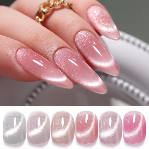 Vista 15 de Double Rhythm Juego de esmaltes de gel de ojo de gato, 6 colores, purpurina brillante con imán, holográfico, reflectante, magnético, UV, kit de arte