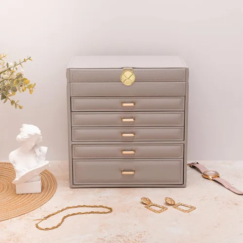 Vista 8 de Vlando Enormes cajas de joyería de 6 niveles, aretes de cuero, anillos, collar, organizador de relojes, caja para mujeres, niñas, hombres, armarios