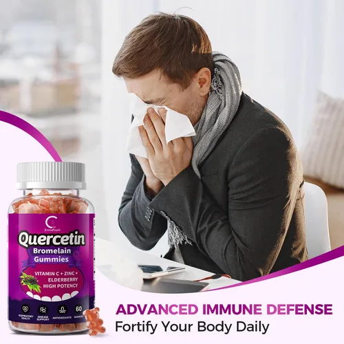 Vista 4 de Gomitas de quercetina, quercetina con bromelina, vitamina C, zinc y saúco, apoyo inmunológico de alta potencia, salud respiratoria y suplemento