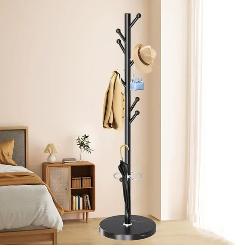 Vista 6 de OIRUMIE Perchero con base de mármol natural, perchereros metálicos independientes, perchero resistente con 8 ganchos para colgar bufanda, bolso Negro