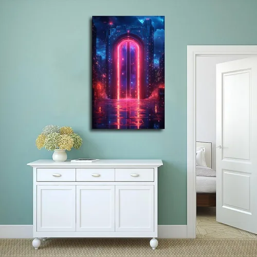 Vista 4 de Glowing Neon City Nightscape – Retro Cyberpunk Wall Decor for Living Room Poster Print for Teen Boys Room Wall Art Canvas Painting Print