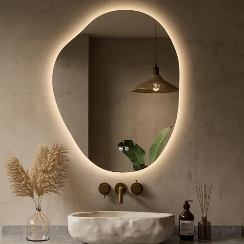 Vista 11 de Keonjinn Espejo de baño retroiluminado asimétrico de 22 x 30 pulgadas con luces, espejo LED irregular con vidrio templado HD, controlador LED
