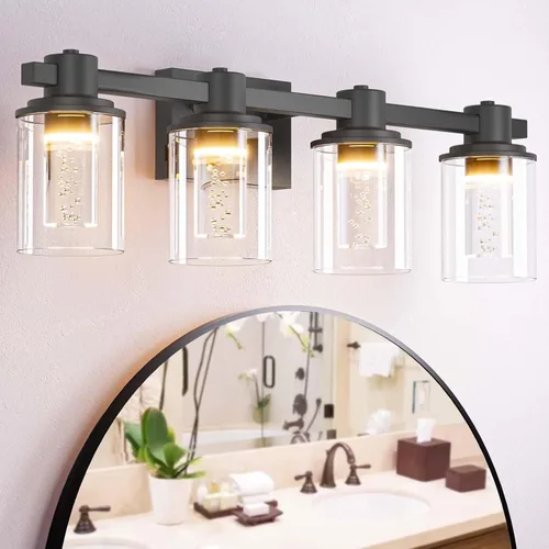 Vista 23 de Quntis Lámparas de baño de níquel cepillado con 5 modos de color, lámpara de tocador de baño moderna regulable de 3 luces sobre espejo, lámpara