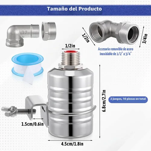 Vista 2 de Válvula de flotador de acero inoxidable 304 con control automático de nivel de agua, válvula de flotador de 1/2 a 3/4 pulgadas con cierre automático