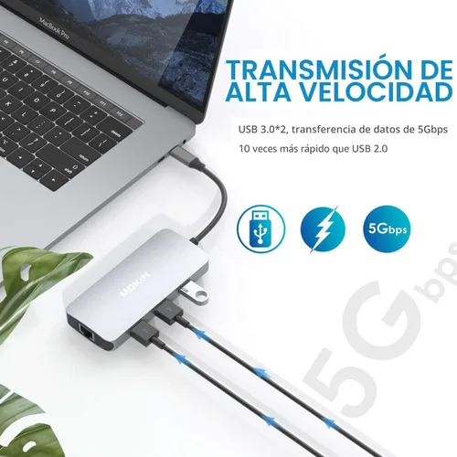 Vista 4 de Adaptadores USB C para MacBook Pro/Air, Mac Dongle con 3 puertos USB, USB C a HDMI, USB C a RJ45 Ethernet, MOKiN 9 en 1 USB C a HDMI, carga Pd