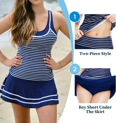 Vista 3 de MiYang - Tankini para mujer a rayas vestido de traje de baño vintage