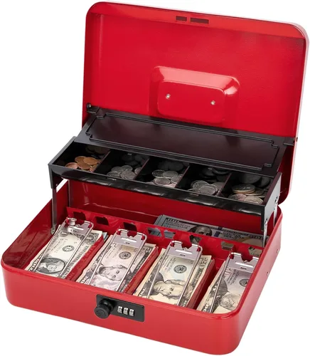 Vista 14 de Jssmst - Caja de efectivo de metal grande con bandeja de dinero,Caja de bloqueo