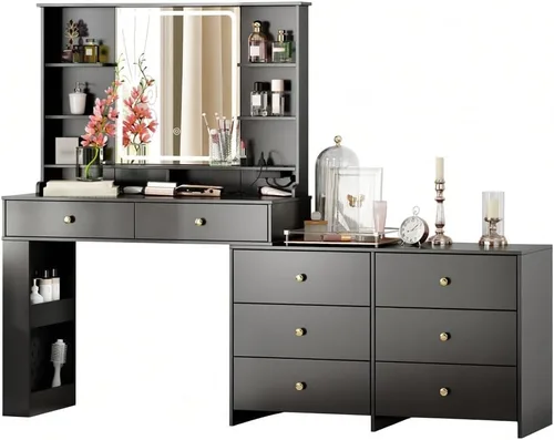 Vista 13 de Ieejdn Escritorio de tocador de maquillaje con espejo y luces, escritorio de tocador con 8 cajones y estantes de almacenamiento, mesa de tocador