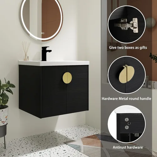 Vista 7 de Tocador de baño de 24 pulgadas con lavabo, juego de tocador flotante Mordern con mango de metal dorado y parte superior de fregadero de cerámica