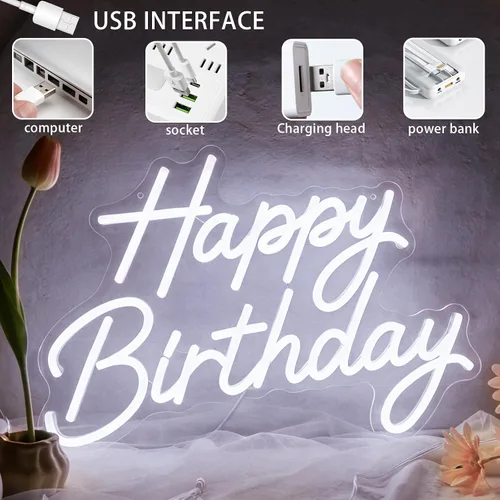 Vista 7 de Letrero de neón de feliz cumpleaños para decoración de pared, letrero con luz LED regulable Feliz cumpleaños-blanco