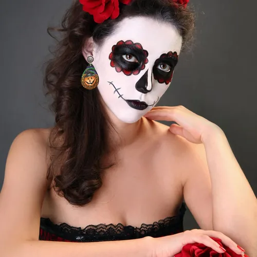 Vista 6 de Aretes de Halloween para mujer diseño de calabaza araña fantasma calavera aretes de gota de Halloween para mujer juego de joyas de Halloween