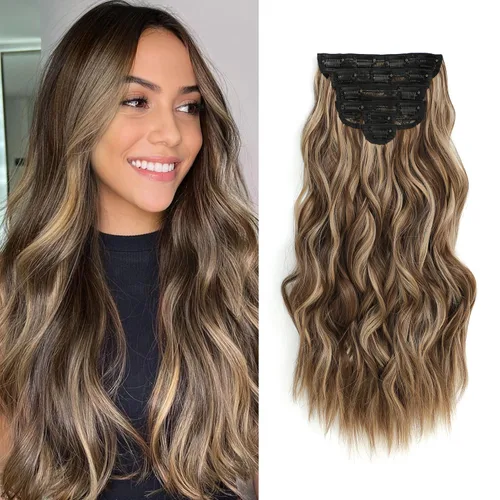 Vista 11 de Fliace Extensiones de cabello con clip para mujer, extensiones de cabello ondulado largo de color marrón medio, extensiones de cabello sintético