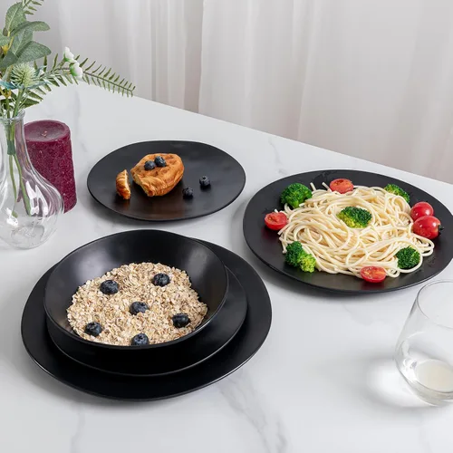 Vista 2 de Juego de platos y cuencos de melamina negra, juegos de vajilla de melamina de 12 piezas para uso en interiores y exteriores, juego de platos ligeros