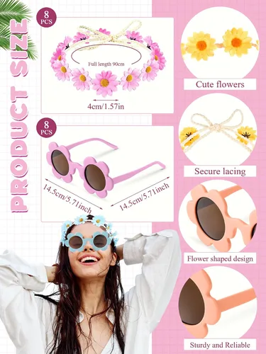 Vista 2 de Kanayu Juego de 16 diademas de flores para adultos, gafas de sol de margarita, gafas de flores redondas, girasol, corona, corona de flores