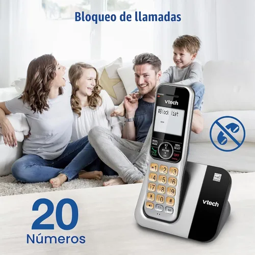 Vista 2 de Sistema de teléfono inalámbrico VTech para el hogar con bloqueo de llamadas, pantalla grande y botones, pantalla retroiluminada, altavoz