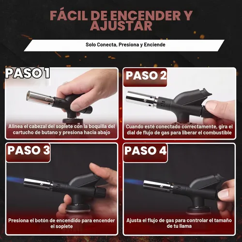 Vista 6 de Combo de Encendedor de Antorcha de Butano con 4 x 8 oz. de Combustible de Butano de Chef Master, Antorcha de Cocina Recargable para Brulee, Postres