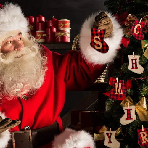 Vista 8 de Cartel de arpillera de Feliz Navidad, decoración navideña en forma de calcetín, decoración colgante para interiores y exteriores, decoraciones