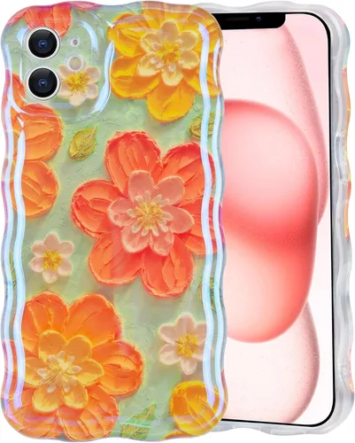Vista 24 de IDweel Funda para iPhone 11, Lujosa Pintura al Óleo Retro Colorida con Patrón de Flores Brillantes Impresas, Lindo Borde Ondulado Rizado, Exquisita