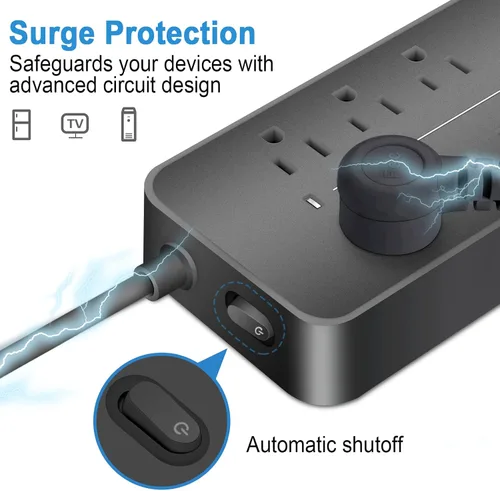 Vista 3 de Cable de extensión con protector de sobretensiones – Barra de alimentación trenzada de enchufe plano con 8 tomas amplias y 4 puertos USB (1 USB C)