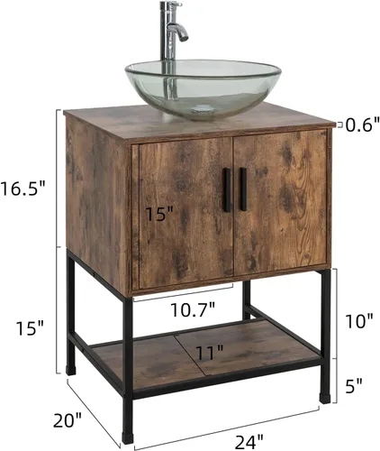 Vista 2 de UEV Juego de tocador de baño antiguo de 24 pulgadas, color marrón oscuro con lavabo, armario de baño de madera de hierro con grifo de temperatura