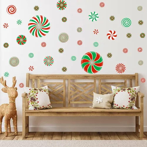 Vista 3 de 54 piezas de calcomanías adhesivas de Navidad para pared con decoración de caramelo de Navidad, calcomanías adhesivas de caramelo de menta para Rojo