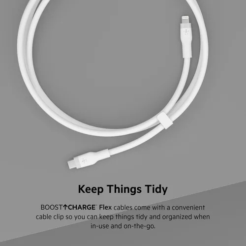 Vista 5 de Belkin BoostCharge Flex Cable USB-C a Lightning de silicona (3.3 ft/3.3 pies), cable de carga certificado MFi para la serie de iPhone con clip