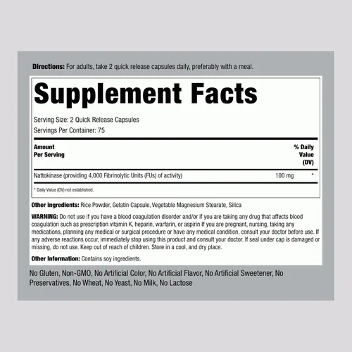 Vista 2 de Piping Rock Suplemento de nattoquinasa 4000 FU 100 mg 150 cápsulas Sin OMG, sin gluten