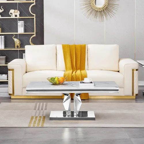Vista 42 de SSLine Mesa de Centro Rectangular de Mármol Sintético para Sala de Estar, Mesa Central Moderna de Mármol Blanco de Lujo con Base Doble en Forma de U