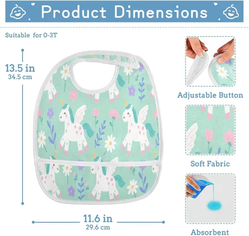 Vista 4 de Adjustable Muslin Baby Bibs with Snap 2 Pack Baby Spit Throw Up Cute Unicorns Light Green baberos para nino paquete