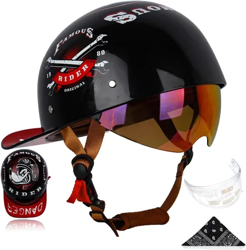 Vista 18 de Gorra de béisbol para motocicleta, 3 unidades, aprobado por DOT, estilo vintage, cara abierta, unisex, para adultos, medios cascos de doble lente