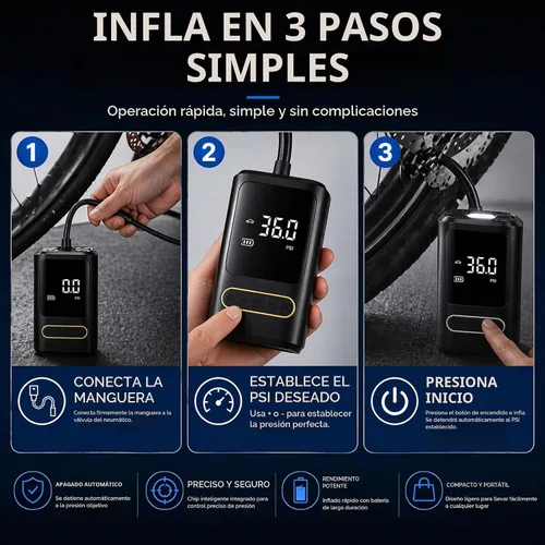 Vista 8 de Compresor de aire portátil para bicicleta: mini bomba eléctrica para neumáticos con apagado automático, compatible con múltiples válvulas, inflador