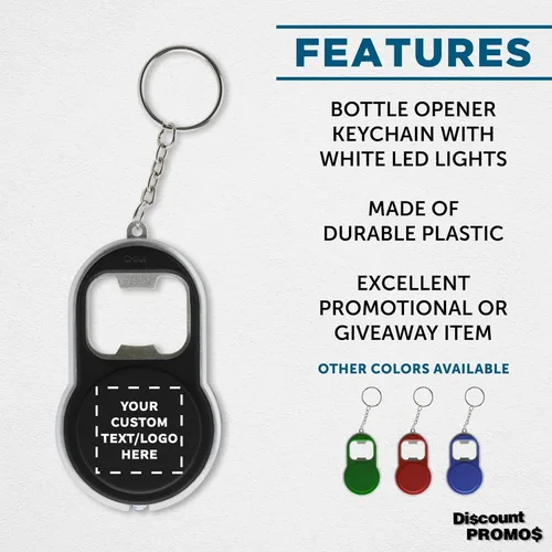 Vista 2 de DISCOUNT PROMOS Abrebotellas personalizado y llaveros LED, juego de 10/50/100, paquete personalizado a granel, perfecto para ferias, recuerdos