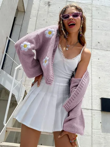 Vista 2 de Cárdigan Y2K para mujer, de manga larga, parte delantera abierta, recortado, cárdigan de punto floral, estético de los años 90, trajes de regreso a