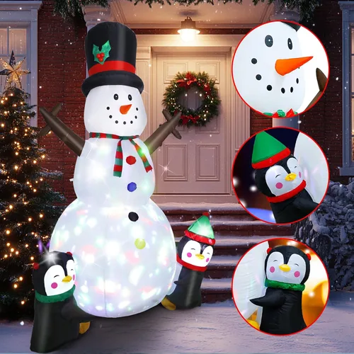 Vista 3 de Dawdix Muñeco de nieve inflable de Navidad de 8 pies, muñeco de nieve de Navidad para inflar con pingüinos, luces LED coloridas giratorias