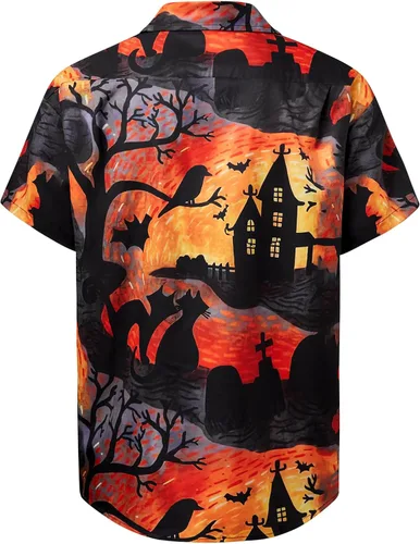 Vista 2 de Camisa de Halloween para Hombre de Hardaddy, de Manga Corta, con Botón, con Estampado Gracioso, Camisa Casual Black6