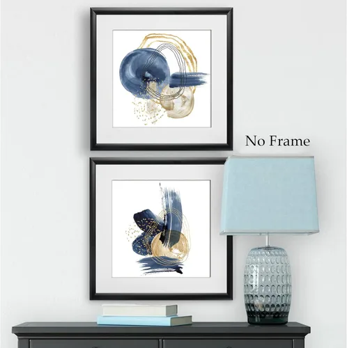 Vista 7 de GADZRTIL Cuadro geométrico azul, pintura azul dorada, impresión geométrica abstracta, lienzo índigo, arte de pared, póster minimalista azul, arte