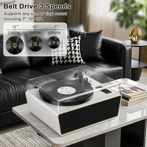 Vista 9 de Tocadiscos de vinilo de tamaño completo, tocadiscos Bluetooth de 3 velocidades con estilo Ruby, contrapeso ajustable, 4 altavoces estéreo