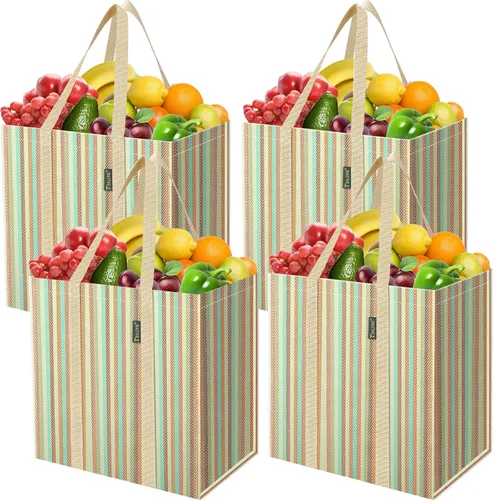 Vista 14 de BALEINE Paquete de 2 bolsas de comestibles reutilizables con parte inferior reforzada, bolsas plegables resistentes (follaje antiguo)
