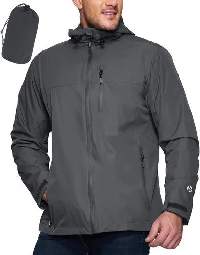 Vista 9 de Outdoor Ventures Chaqueta impermeable plegable con capucha para hombre, ligera, resistente al viento, para ciclismo