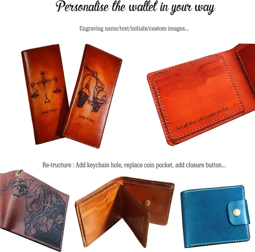 Vista 8 de Cartera plegable de cuero de ciervo alce hecha a mano para hombre, regalos personalizados para hombres, idea de regalo de Navidad 2020