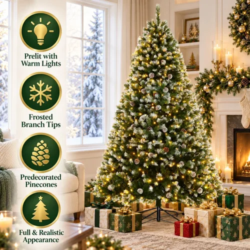 Vista 3 de Árbol de Navidad artificial esmerilado preiluminado con piñas, 7.5 pies Verde con piñas