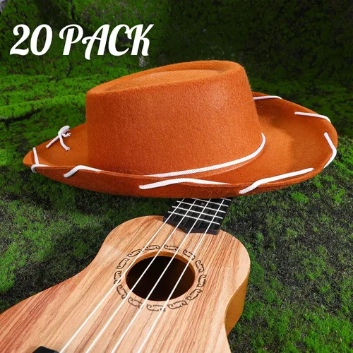 Vista 2 de Coume 20 sombreros de vaquero para niños, sombreros de fieltro para disfraz de cumpleaños de Halloween del oeste (marrón)