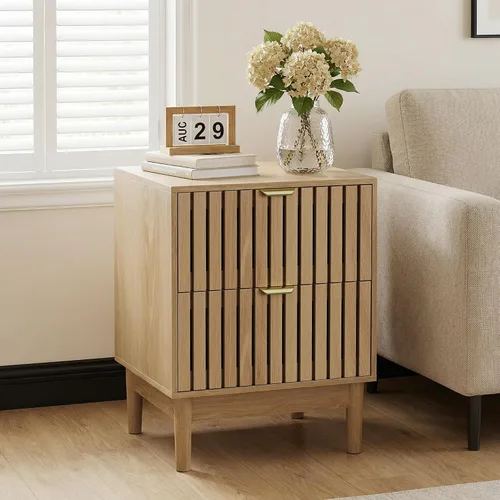 Vista 4 de Juego de 2 mesitas de noche de madera, moderna mesita de noche con diseño de rejilla, mesa auxiliar con 2 cajones de almacenamiento para sala