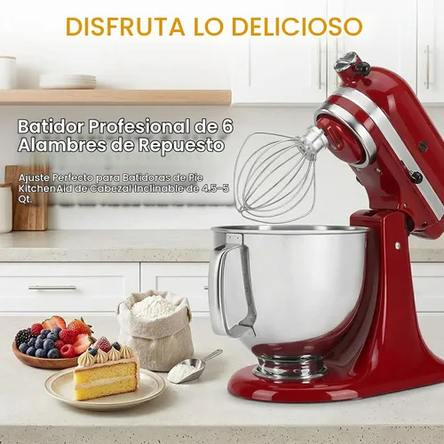 Vista 2 de Accesorio de batidor de 6 alambres compatible con batidora de pie KitchenAid de cabezal inclinable, reemplaza K45WW, acero inoxidable, batidor