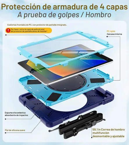 Vista 6 de BRAECN Funda para iPad de 9ª/8ª/7ª generación, resistente funda de silicona apta para niños con soporte plegable/asa para lápices, correa de hombro