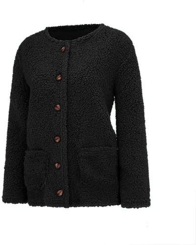 Vista 5 de Blasgw Chaqueta de forro polar mullido para mujer, con botones, con capucha, cómoda, de gran tamaño, con bolsillo