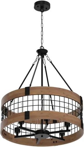 Vista 4 de Candelabro de madera de granja de 6 luces para comedor, lámparas rústicas para vestíbulo, luces colgantes de tambor industrial para entrada de isla