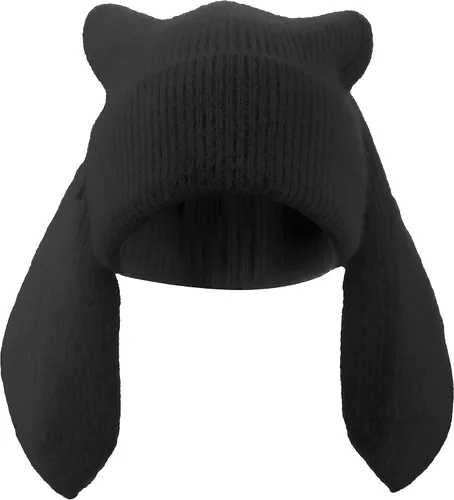 Vista 12 de Gorro de conejo para mujer, lindo conejo de ganchillo, gorro de invierno, cálido gorro de calavera para esquí al aire libre